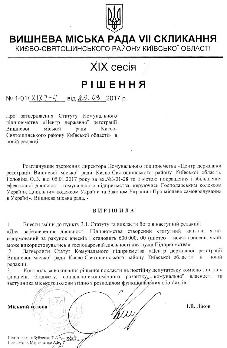 РІШЕННЯ ХIХ СЕСІЇ VIІ СКЛИКАННЯ від 23.03.2017 року